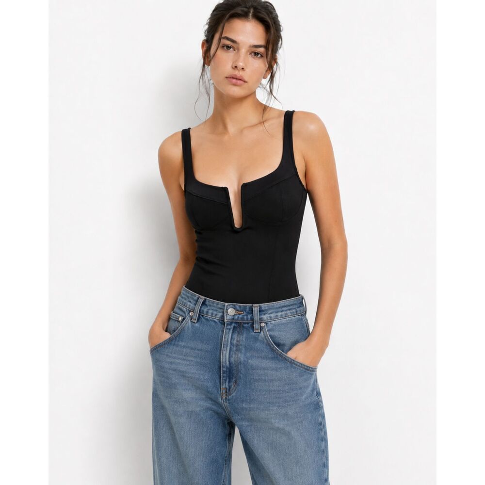 Good American Good Touch Ruched U-Ring Black Bodysuit Size 3 Large NEW 90's